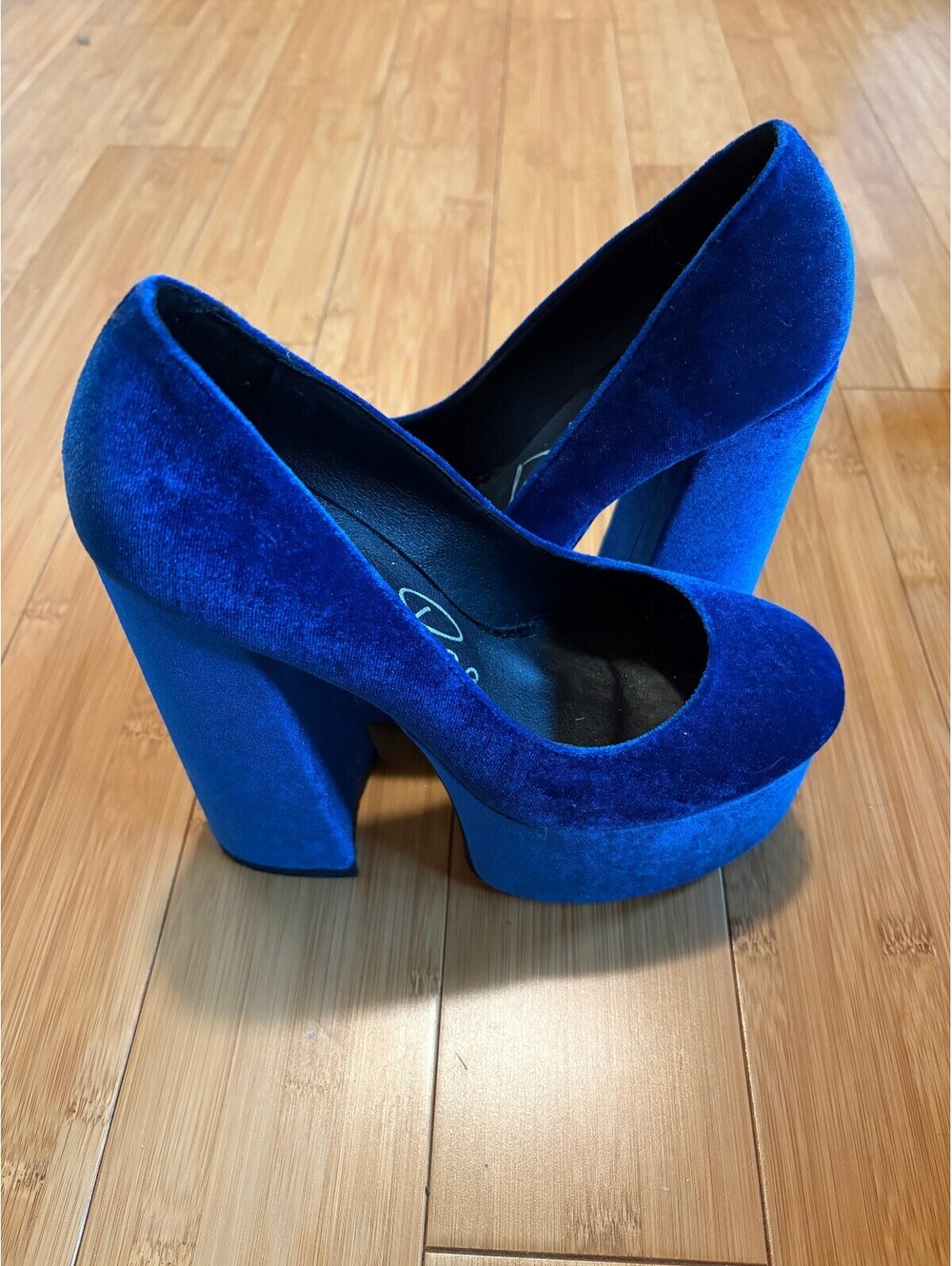 London Rag Cobalt Blue Velvet Platform Block Heel Pumps Party 7